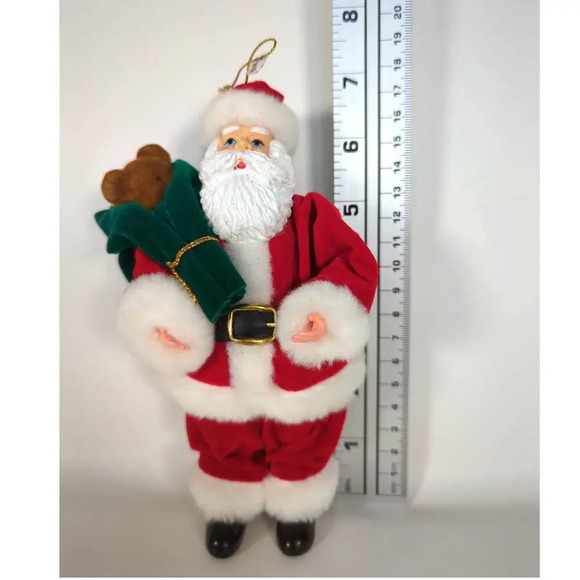 Santa Clause Ornament Teddy Bear Velvet Clothes Plastic Face and Hands Vintage - Picture 7 of 8